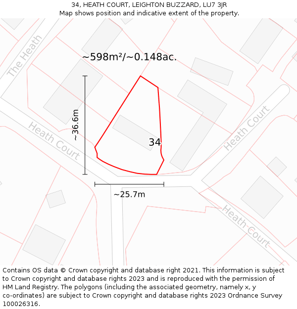 34, HEATH COURT, LEIGHTON BUZZARD, LU7 3JR: Plot and title map