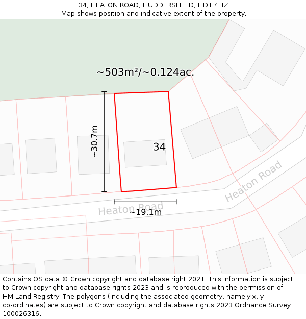 34, HEATON ROAD, HUDDERSFIELD, HD1 4HZ: Plot and title map