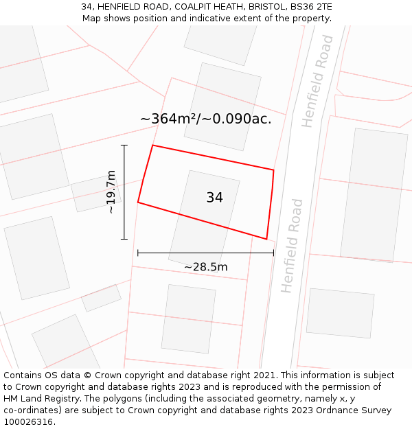 34, HENFIELD ROAD, COALPIT HEATH, BRISTOL, BS36 2TE: Plot and title map