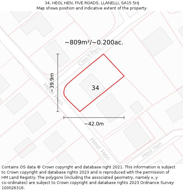 34, HEOL HEN, FIVE ROADS, LLANELLI, SA15 5HJ: Plot and title map