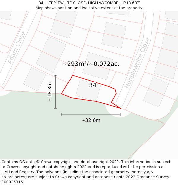 34, HEPPLEWHITE CLOSE, HIGH WYCOMBE, HP13 6BZ: Plot and title map