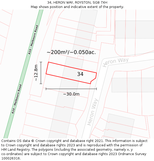 34, HERON WAY, ROYSTON, SG8 7XH: Plot and title map