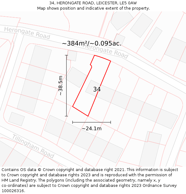 34, HERONGATE ROAD, LEICESTER, LE5 0AW: Plot and title map