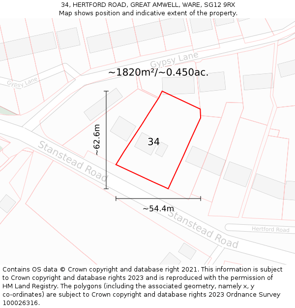 34, HERTFORD ROAD, GREAT AMWELL, WARE, SG12 9RX: Plot and title map