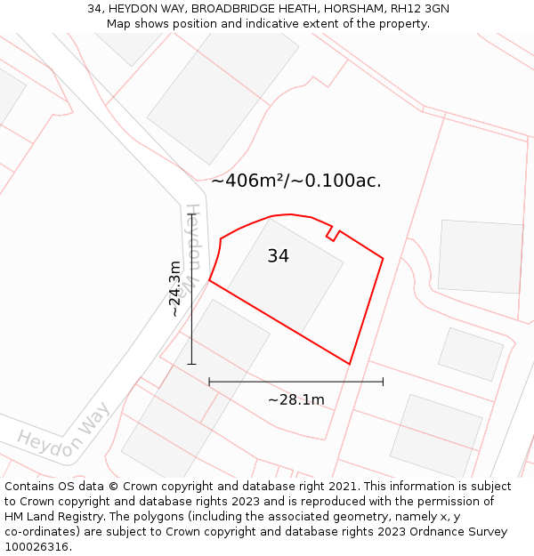 34, HEYDON WAY, BROADBRIDGE HEATH, HORSHAM, RH12 3GN: Plot and title map