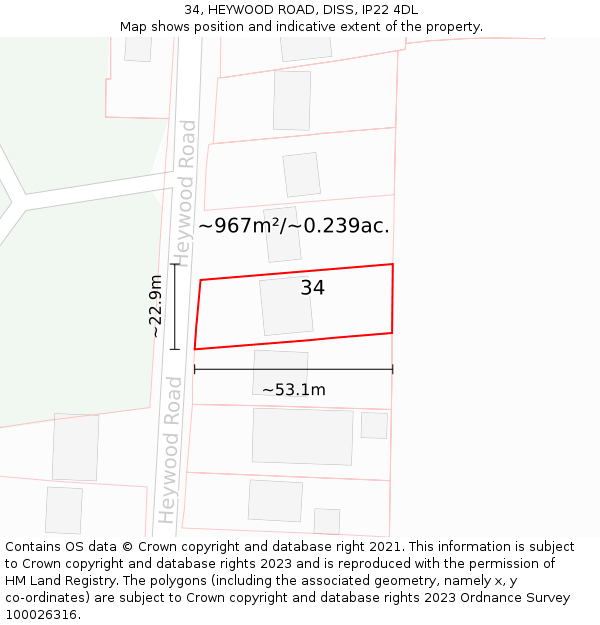 34, HEYWOOD ROAD, DISS, IP22 4DL: Plot and title map