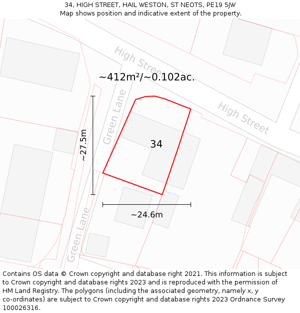 34, HIGH STREET, HAIL WESTON, ST NEOTS, PE19 5JW: Plot and title map