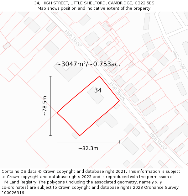 34, HIGH STREET, LITTLE SHELFORD, CAMBRIDGE, CB22 5ES: Plot and title map