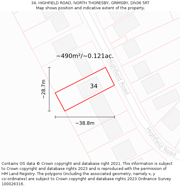 34, HIGHFIELD ROAD, NORTH THORESBY, GRIMSBY, DN36 5RT: Plot and title map