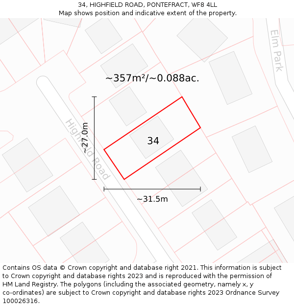 34, HIGHFIELD ROAD, PONTEFRACT, WF8 4LL: Plot and title map