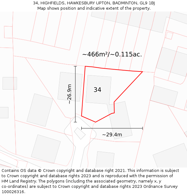 34, HIGHFIELDS, HAWKESBURY UPTON, BADMINTON, GL9 1BJ: Plot and title map