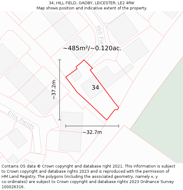 34, HILL FIELD, OADBY, LEICESTER, LE2 4RW: Plot and title map