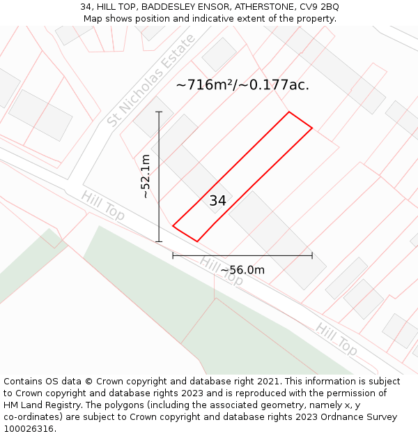 34, HILL TOP, BADDESLEY ENSOR, ATHERSTONE, CV9 2BQ: Plot and title map