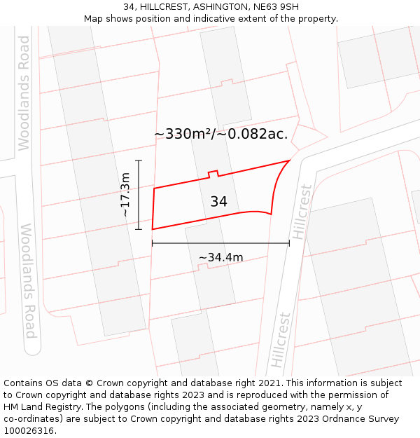 34, HILLCREST, ASHINGTON, NE63 9SH: Plot and title map