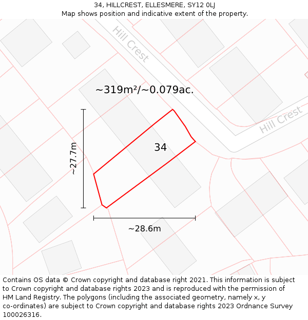 34, HILLCREST, ELLESMERE, SY12 0LJ: Plot and title map