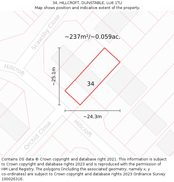 34, HILLCROFT, DUNSTABLE, LU6 1TU: Plot and title map