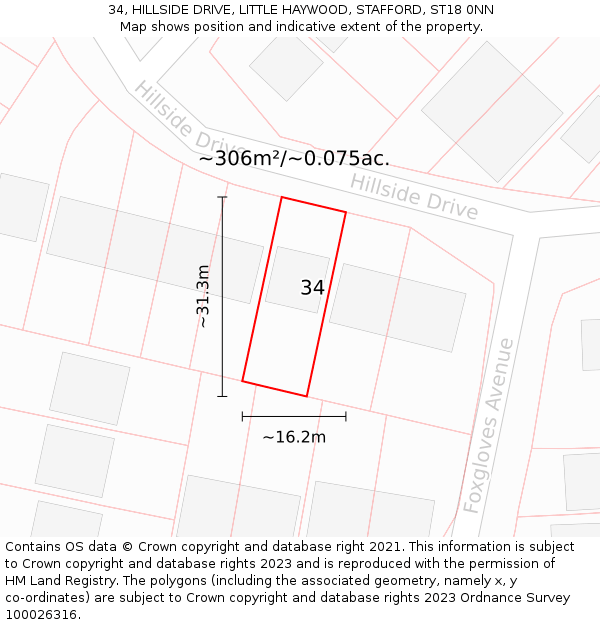 34, HILLSIDE DRIVE, LITTLE HAYWOOD, STAFFORD, ST18 0NN: Plot and title map