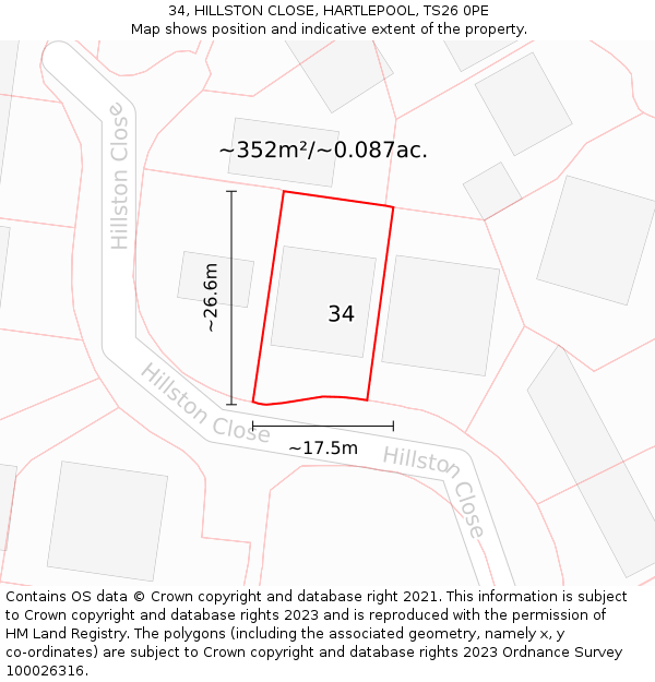 34, HILLSTON CLOSE, HARTLEPOOL, TS26 0PE: Plot and title map