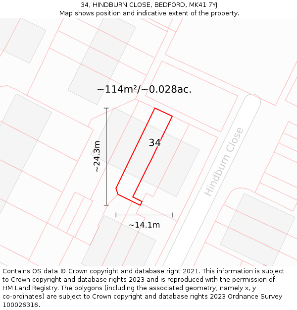 34, HINDBURN CLOSE, BEDFORD, MK41 7YJ: Plot and title map