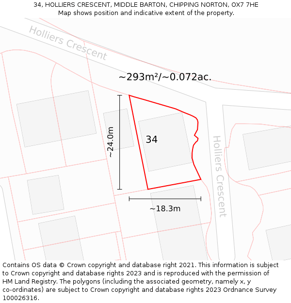 34, HOLLIERS CRESCENT, MIDDLE BARTON, CHIPPING NORTON, OX7 7HE: Plot and title map