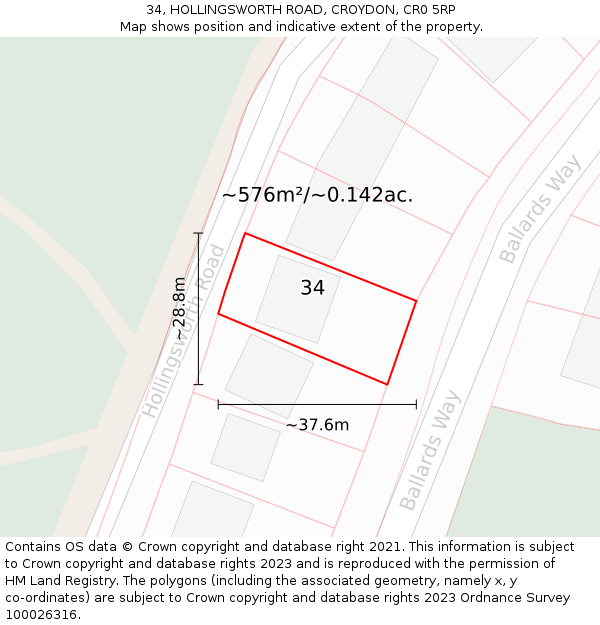 34, HOLLINGSWORTH ROAD, CROYDON, CR0 5RP: Plot and title map