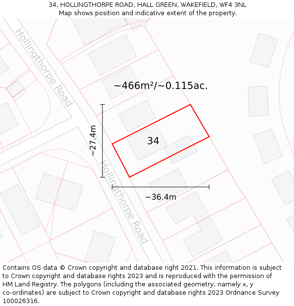 34, HOLLINGTHORPE ROAD, HALL GREEN, WAKEFIELD, WF4 3NL: Plot and title map