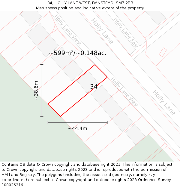 34, HOLLY LANE WEST, BANSTEAD, SM7 2BB: Plot and title map