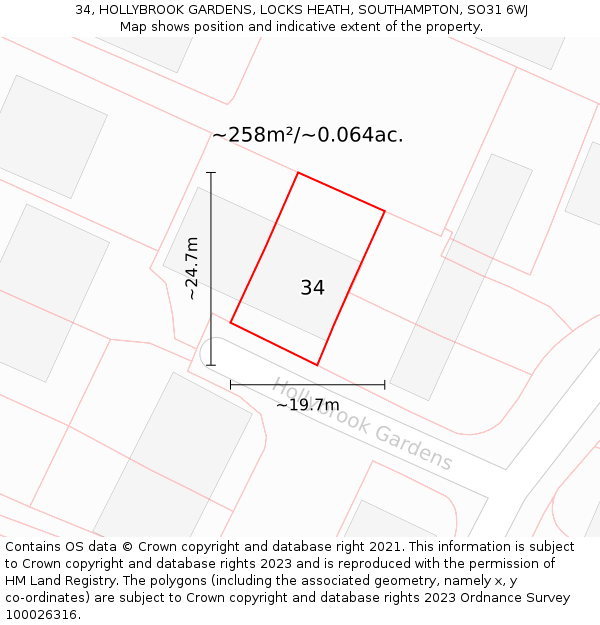 34, HOLLYBROOK GARDENS, LOCKS HEATH, SOUTHAMPTON, SO31 6WJ: Plot and title map