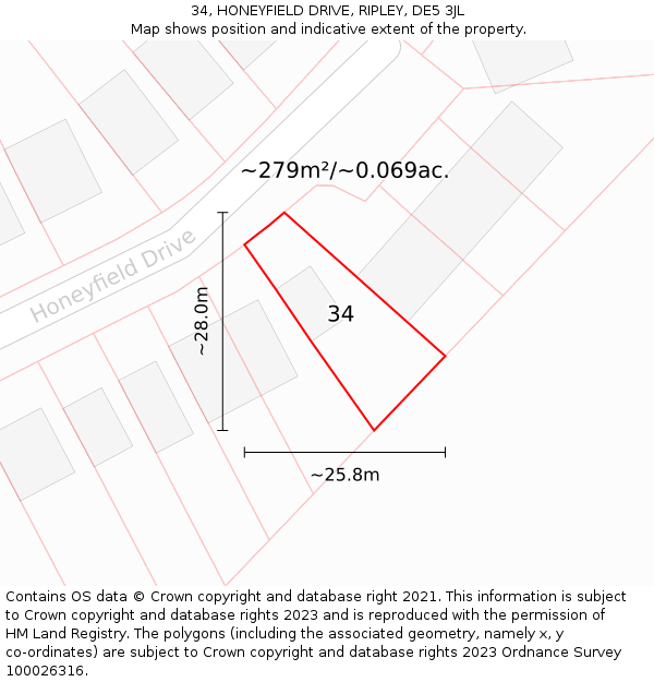 34, HONEYFIELD DRIVE, RIPLEY, DE5 3JL: Plot and title map