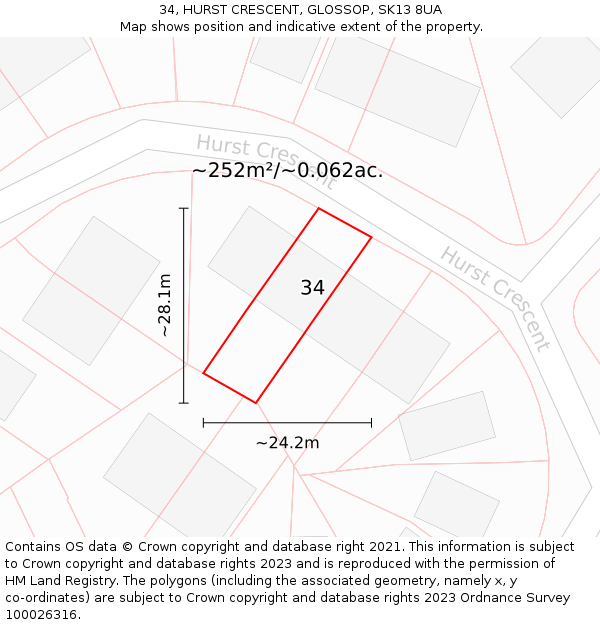 34, HURST CRESCENT, GLOSSOP, SK13 8UA: Plot and title map