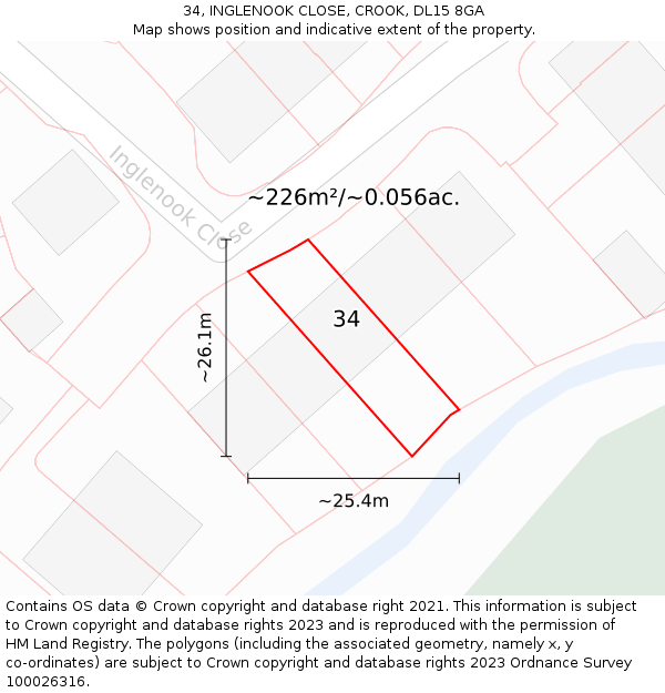 34, INGLENOOK CLOSE, CROOK, DL15 8GA: Plot and title map