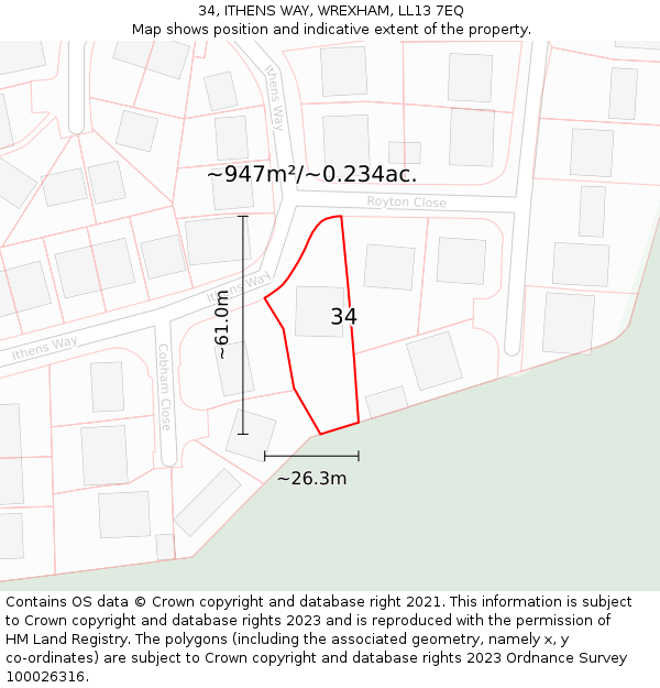 34, ITHENS WAY, WREXHAM, LL13 7EQ: Plot and title map