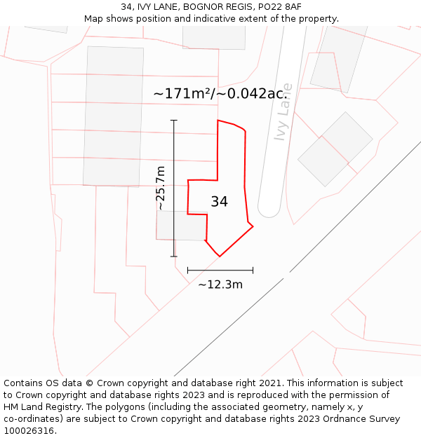 34, IVY LANE, BOGNOR REGIS, PO22 8AF: Plot and title map