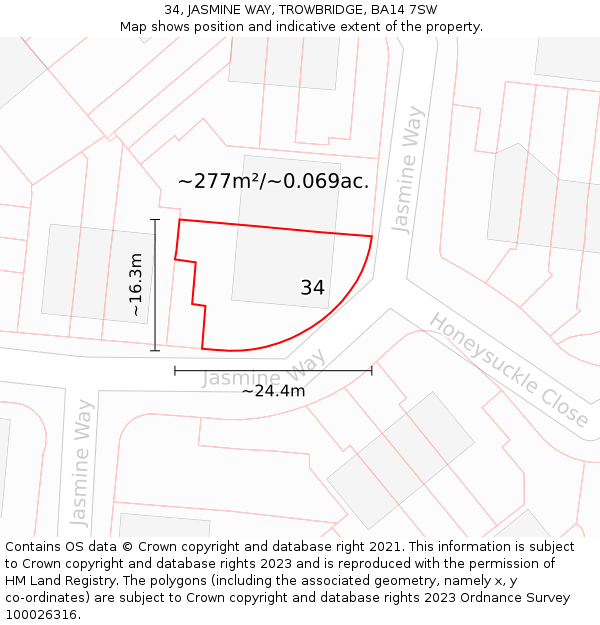 34, JASMINE WAY, TROWBRIDGE, BA14 7SW: Plot and title map