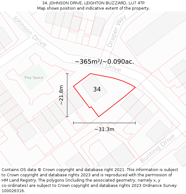 34, JOHNSON DRIVE, LEIGHTON BUZZARD, LU7 4TP: Plot and title map