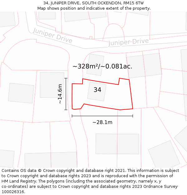 34, JUNIPER DRIVE, SOUTH OCKENDON, RM15 6TW: Plot and title map