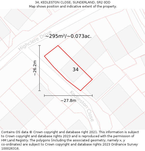 34, KEDLESTON CLOSE, SUNDERLAND, SR2 0DD: Plot and title map