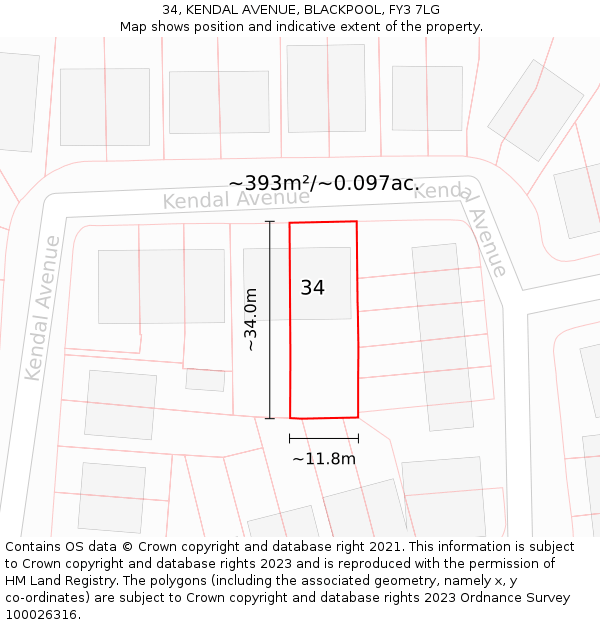 34, KENDAL AVENUE, BLACKPOOL, FY3 7LG: Plot and title map