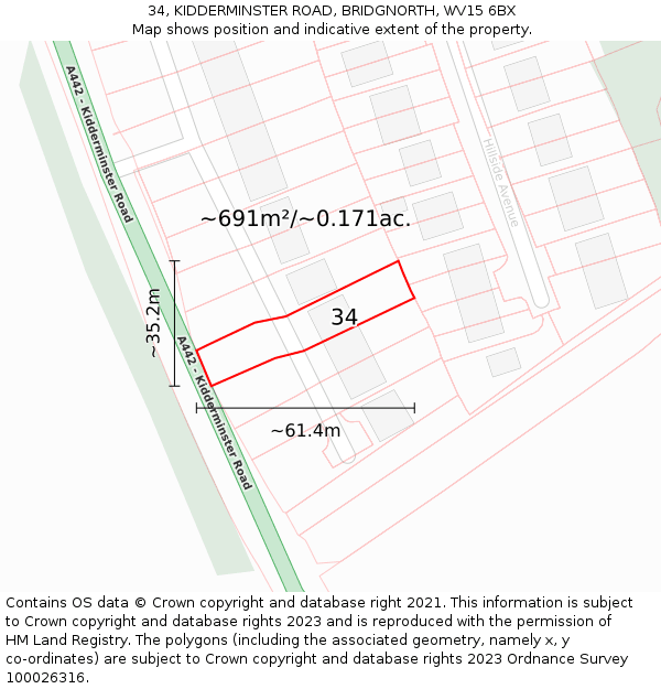 34, KIDDERMINSTER ROAD, BRIDGNORTH, WV15 6BX: Plot and title map