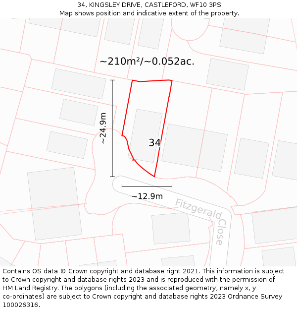 34, KINGSLEY DRIVE, CASTLEFORD, WF10 3PS: Plot and title map