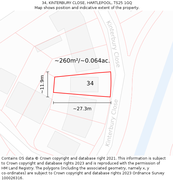 34, KINTERBURY CLOSE, HARTLEPOOL, TS25 1GQ: Plot and title map