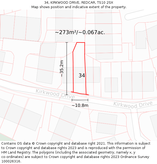 34, KIRKWOOD DRIVE, REDCAR, TS10 2SX: Plot and title map