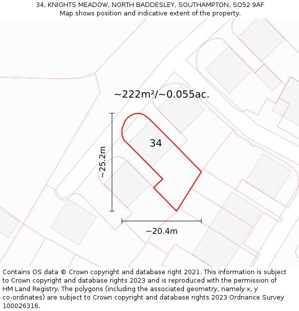 34, KNIGHTS MEADOW, NORTH BADDESLEY, SOUTHAMPTON, SO52 9AF: Plot and title map