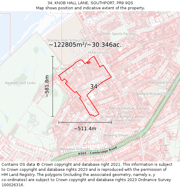 34, KNOB HALL LANE, SOUTHPORT, PR9 9QS: Plot and title map