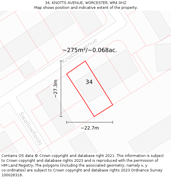 34, KNOTTS AVENUE, WORCESTER, WR4 0HZ: Plot and title map