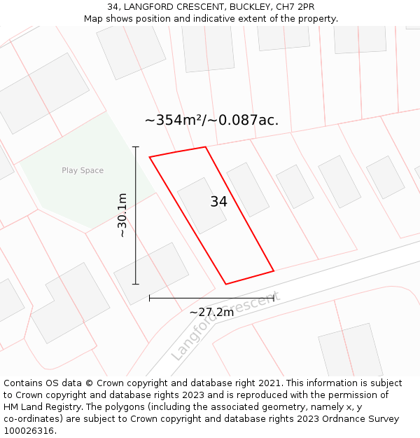 34, LANGFORD CRESCENT, BUCKLEY, CH7 2PR: Plot and title map