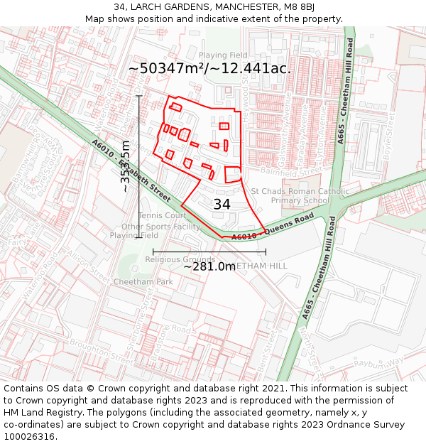 34, LARCH GARDENS, MANCHESTER, M8 8BJ: Plot and title map