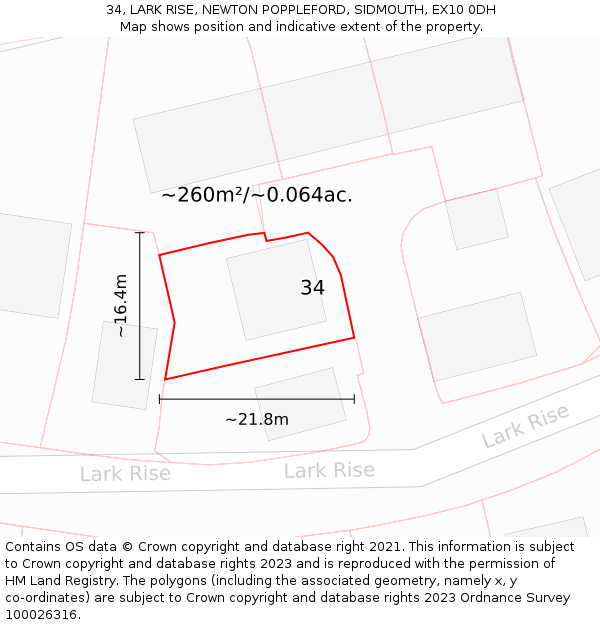 34, LARK RISE, NEWTON POPPLEFORD, SIDMOUTH, EX10 0DH: Plot and title map