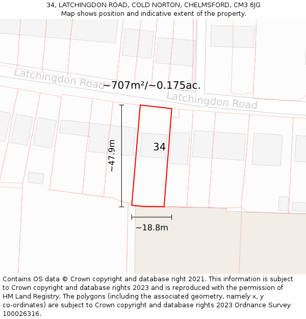 34, LATCHINGDON ROAD, COLD NORTON, CHELMSFORD, CM3 6JG: Plot and title map