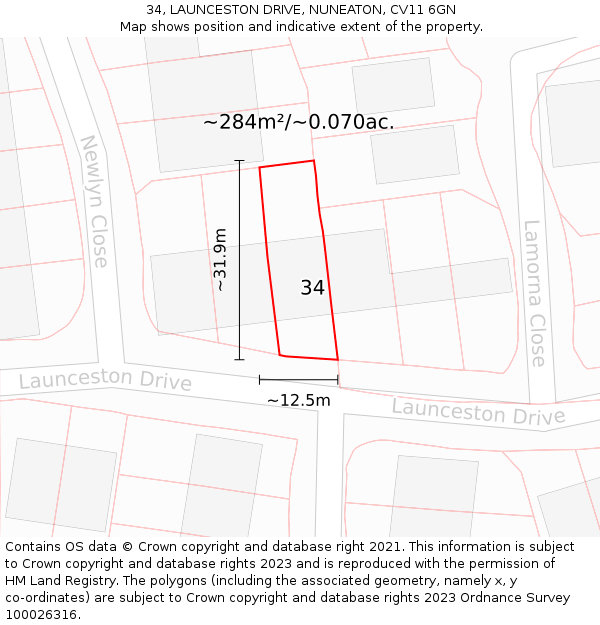 34, LAUNCESTON DRIVE, NUNEATON, CV11 6GN: Plot and title map